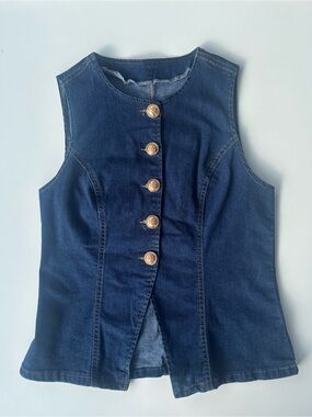 Dark Wash Denim Sleeveless Vest Top Gold Crest Buttons M
